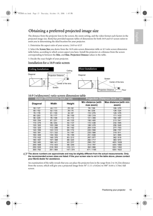 Page 15  15
  Positioning your projector
EnglishObtaining a preferred projected image size
The distance from the projector lens to the screen, the zoom setting, and the video format each factors in the 
projected image size. BenQ has provided separate tables of dimensions for both 16:9 and 4:3 screen ratios to 
assist you in determining the ideal location for your projector.
1. Determine the aspect ratio of your screen, (16:9 or 4:3)?
2. Select the Screen Size you desire from the 16:9 ratio screen dimension...