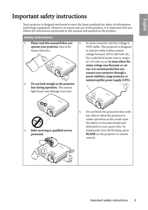 Page 3Important safety instructions 3
EnglishImportant safety instructions
Your projector is designed and tested to meet the latest standards for safety of information 
technology equipment. However, to ensure safe use of this product, it is important that you 
follow the instructions mentioned in this manual and marked on the product. 
Safety Instructions
1.Please read this manual before you 
operate your projector. Save it for 
future reference. 
2. Do not look straight at the projector 
lens during...