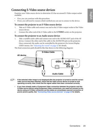 Page 23Connections 23
EnglishConnecting S-Video source devices
Examine your Video source device to determine if it has an unused S-Video output socket 
available: 
• If so, you can continue with this procedure.
• If not, you will need to reassess which method you can use to connect to the device.
To connect the projector to an S-Video source device:
1. Take an S-Video cable and connect one end  to the S-Video output socket of the Video 
source device.
2. Connect the other end of the S-Video cable to the S-VIDEO...