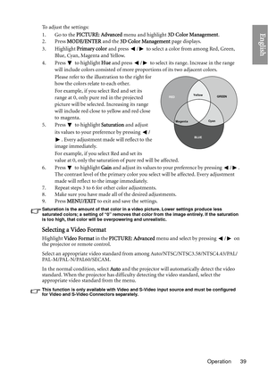 Page 39Operation 39
EnglishTo adjust the settings:
1. Go to the PICTURE: Advanced  menu and highlight 3D Color Management .
2. Press  MODE/ENTER  and the 3D Color Management  page displays.
3. Highlight  Primary color and press  /  to select a color from among Red, Green, 
Blue, Cyan, Magenta and Yellow.
4. Press  to highlight  Hue and press  /  to select its range. Increase in the range 
will include colors consisted of more pr oportions of its two adjacent colors.
Please refer to the illustration to the right...