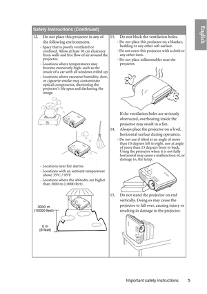 Page 5Important safety instructions 5
English 
Safety Instructions (Continued)
12. Do not place this projector in any of 
the following environments.
- Space that is poorly ventilated or confined. Allow at least 50 cm clearance 
from walls and free flow of air around the 
projector. 
- Locations where temperatures may  become excessively high, such as the 
inside of a car with all windows rolled up.
- Locations where excessive humidity, dust,  or cigarette smoke may contaminate 
optical components, shortening...