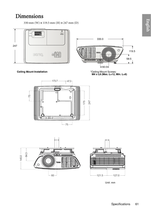 Page 61Specifications 61
EnglishDimensions
330 mm (W) x 119.5 mm (H) x  247 mm (D)
75
60121.5127.0
75
47.3173.7
84.3
145.0
175247
*Ceiling Mount Screws:
  M4 x L8 (Max. L=12, Min. L=8)
Ceiling Mount Installation
Unit: mm11 9 . 5
60.0 58.5
247
330.0 