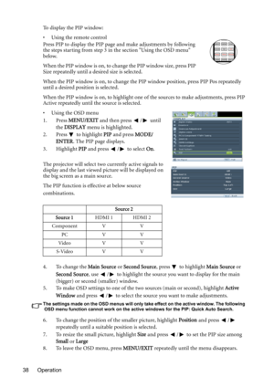 Page 38Operation 38To  d i s p l a y  t h e  P I P  w i n d o w :
• Using the remote control
Press PIP to display the PIP page and make adjustments by following 
the steps starting from step 3 in the section Using the OSD menu 
below.
When the PIP window is on, to change the PIP window size, press PIP 
Size repeatedly until a desired size is selected.
When the PIP window is on, to change the PIP window position, press PIP Pos repeatedly 
until a desired position is selected.
When the PIP window is on, to...