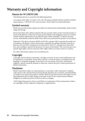 Page 62Warranty and Copyright information 62
Warranty and Copyright information
Patents for W1100/W1200
This BenQ projector is covered by the following patents:
U.S. patents 6,837,608; 7,275,834; 7,181,318; TW patents 202690; 205470; I228635; I259932; 
China Patents (中国发明专利) ZL01143168.7; ZL03119907.0; ZL200510051609.2
Limited warranty
BenQ warrants this product against any defects in material and workmanship, under normal 
usage and storage.
Proof of purchase date will be required with any warranty claim. In...