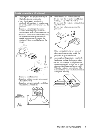 Page 5Important safety instructions 5
  
Safety Instructions (Continued)
13. Do not place this projector in any of 
the following environments.
- Space that is poorly ventilated or 
confined. Allow at least 50 cm clearance 
from walls and free flow of air around the 
projector. 
- Locations where temperatures may 
become excessively high, such as the 
inside of a car with all windows rolled up.
- Locations where excessive humidity, dust, 
or cigarette smoke may contaminate 
optical components, shortening the...