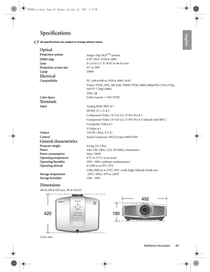 Page 49  49
  Additional information
EnglishSpecifications
All specifications are subject to change without notice. 
Dimensions
492 x 180 x 420 mm (W x H x D)
Unit: mm
Optical
Projection systemSingle-chip DLPTM system.
DMD chip0.95 DLP (1920 x 1080)
LensF=2.4 to 2.7, f=38.87 to 46.63 mm
Projection screen size41 to 300
Lamp200W
Electrical
CompatibilityPC: 640 x 400 to 1920 x 1080 (16:9)
Video: NTSC, PAL, SECAM, YPbPr NTSC(480i)/480p/PAL(576i)/576p, 
HDTV (720p/1080i)
DDC 2B
Color SpaceColor Gamut > 55% NTSC...