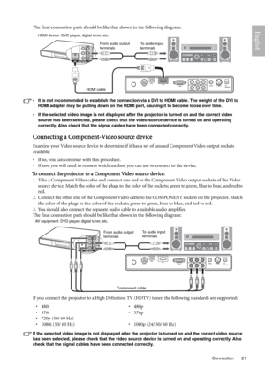 Page 21  21
  Connection
EnglishThe final connection path should be like that shown in the following diagram:
• It is not recommended to establish the connection via a DVI to HDMI cable. The weight of the DVI to 
HDMI adapter may be pulling down on the HDMI port, causing it to become loose over time.
• If the selected video image is not displayed after the projector is turned on and the correct video 
source has been selected, please check that the video source device is turned on and operating 
correctly. Also...