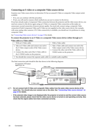 Page 2222 Connection  
EnglishConnecting an S-video or a composite Video source device
Examine your Video source device to determine if it has an unused S-Video or composite Video output socket 
available:
• If so, you can continue with this procedure.
• If not, you will need to reassess which method you can use to connect to the device.
If you have already made a Component Video connection between the projector and the video source device, you 
need not connect to this device again using an S-Video or...