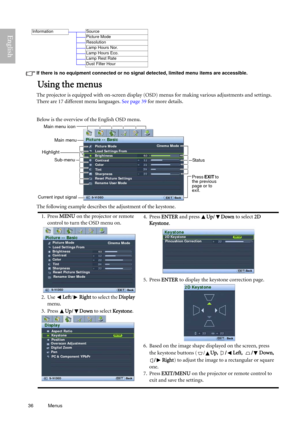 Page 3636 Menus  
English
If there is no equipment connected or no signal detected, limited menu items are accessible.
Using the menus
The projector is equipped with on-screen display (OSD) menus for making various adjustments and settings. 
There are 17 different menu languages. See page 39 for more details. 
Below is the overview of the English OSD menu.
The following example describes the adjustment of the keystone. 
Information Source 
Picture Mode
Resolution
Lamp Hours Nor.
Lamp Hours Eco.
Lamp Rest Rate...