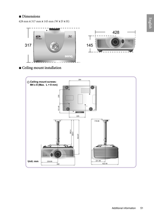 Page 51
  51
  Additional information
English Dimensions
428 mm  x 317 mm  x 145 mm (W  x D  x H)
 Ceiling mount installation
428
317 145
178.98
221.98
239.89 492
502.87395.4
362.4
422.49
284
225
235
101.49
Ceiling mount screws:
M4 x 8 (Max.  L = 8 mm)
Unit: mm 