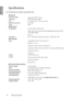 Page 50
50 Additional information  
EnglishSpecifications
All specifications are subject to change without notice. 
 Optical
Projection system
Single-chip DLPTM system.
DMD chip 0.65 DLP (1920 x 1080)
Lens F = 2.48 to 2.83, f = 24.1 to 36.14 mm
Projection screen size 28 to 300
Lamp 280W
 Electrical
CompatibilityPC: 640 x 400 to 1920  x 1200
Video: NTSC, PAL, SECAM, YPbPr (480i/480p/576i/576p), HDTV 
(720p/1080i/1080p)
DDC 2B
Color Space Typ. = 70% NTSC (Target Color Gamut = HDTV Rec. 709)
 Terminals
InputAnalog...