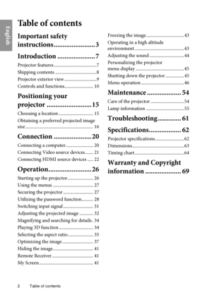 Page 2Table of contents
2
EnglishTable of contents
Important safety 
instructions ....................... 3
Introduction . ....................
 7
Projector features .....................................7
Shipping contents ....................................8
Projector exterior v

iew ............................9
Controls and functions......................... 10
Positioning your  
projector ....... ..................
 15
Choosing a location .............................. 15
Obtaining a preferred projected...