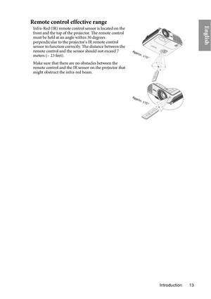 Page 13Introduction 13
EnglishRemote control effective range
Infra-Red (IR) remote control sensor is located on the 
front and the top of the projector. The remote control 
must be held at an angle within 30 degrees 
perpendicular to the projector's IR remote control 
sensor to function correctly. The distance between the 
remote control and the sensor should not exceed 7 
meters (~ 23 feet).
A ppro
x.
 ±
1 5°
Make sure that there are no obstacles between the 
remote control and the IR sensor on the...