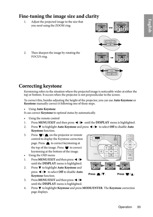 Page 33Operation 33
EnglishFine-tuning the image size and clarity
1. Adjust the projected image to the size that you need using the ZOOM ring.
FOCU  S 
2. Then sharpen the image by rotating the 
FOCUS ring.
FOCUS
Correcting keystone
Keystoning refers to the situation where the projected image is noticeably wider at either the 
top or bottom. It occurs when the projector is not perpendicular to the screen. 
To correct this, besides adjusting the height of the projector, you can use  Au
 to Keystone or 
Keystone...