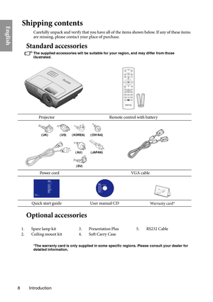 Page 8Introduction
8
EnglishShipping contents
Carefully unpack and verify that you have all of the items shown below. If any of these items 
are missing, please contact your place of purchase.
Standard accessories
The supplied accessories will be suitable for your region, and may differ from those 
illustrated.
Optional accessories
*The warranty card is only supplied in some specific regions. Please consult your dealer for 
detailed information.
Projector Remote control with battery
      Power cord...