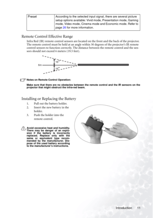 Page 15Introduction 11
Remote Control Effective Range
Infra Red (IR) remote control sensors are located on the front and the back of the projector. 
The remote control must be held at an angle within 30 degrees of the projector’s IR remote 
control sensors to function correctly. The distance between the remote control and the sen-
sors should not exceed 6 meters (19.5 feet). 
Notes on Remote Control Operation:
Make sure that there are no obstacles between the remote control and the IR sensors on the
projector...