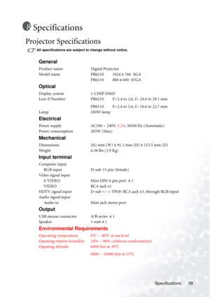 Page 43Specifications 39
Specifications
Projector Specifications 
All specifications are subject to change without notice. 
General
Product name Digital Projector
Model name PB6210         1024 x 768  XGA
PB6110         800 x 600  SVGA
Optical
Display system 1-CHIP DMD
Lens F/Number PB6210         F=2.4 to 2.6, f= 24.0 to 29.1 mm
PB6110         F=2.4 to 2.6, f= 18.6 to 22.7 mm
Lamp 200W lamp
Electrical
Power supply AC100 ~ 240V, 3.2A, 50/60 Hz (Automatic)
Power consumption 265W (Max)
Mechanical
Dimensions 262...