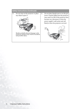 Page 8Important Safety Instructions 4
Safety Instructions (Continued)
11. Do not step on the projector or place 
any objects upon it. 
Besides probable physical damage to the 
projector, doing so may result in accidents 
and possible injury.
12. Do not place liquids near or on the pro-
jector. Liquids spilled into the projector 
may cause it to fail. If the projector does 
become wet, disconnect it from the 
power supply’s wall socket and call 
BenQ to have the projector serviced. 