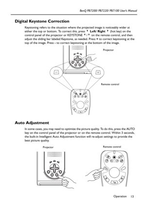Page 17Operation
13 BenQ PB7200/ PB7220/ PB7100 User’s Manual
Digital Keystone Correction
Keystoning refers to the situation where the projected image is noticeably wider at 
either the top or bottom. To correct this, press 3 Left/ Right 4 (hot key) on the 
control panel of the projector or KEYSTONE 3/4 on the remote control, and then 
adjust the sliding bar labeled Keystone, as needed. Press + to correct keystoning at the 
top of the image. Press - to correct keystoning at the bottom of the image.
Auto...