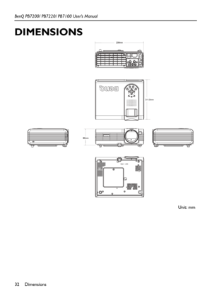 Page 36Dimensions 32 BenQ PB7200/ PB7220/ PB7100 User’s Manual
DIMENSIONS  
Unit: mm 