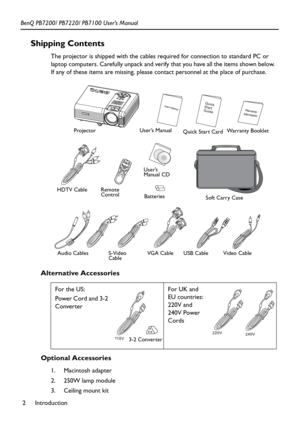 Page 6Introduction 2 BenQ PB7200/ PB7220/ PB7100 User’s Manual
Shipping Contents 
The projector is shipped with the cables required for connection to standard PC or 
laptop computers. Carefully unpack and verify that you have all the items shown below. 
If any of these items are missing, please contact personnel at the place of purchase.  
Alternative Accessories  
Optional Accessories 
1. Macintosh adapter
2. 250W lamp module
3. Ceiling mount kit
ProjectorUser’s Manual
Quick Start CardWa rr a n t y  B o o k l...