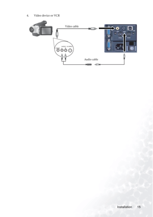 Page 19
Installation 15
4. Video device or VCR 
Video cable
Audio cable 