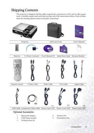 Page 9
Introduction 5
Shipping Contents
The projector is shipped with the cables required for connection to a PC and to video equip-
ment. Carefully unpack and verify that you have all of the items shown below. If any of these 
items are missing, please contact your place of purchase.  
Optional Accessories
Projector Soft Carry Case User’s Manual
          Batteries          3-2 Power Converter User’s Manual CD Quick Start Guide Warranty BookletRemote Control S-Video Cable Video Cable VGA Cable
Audio Cable...