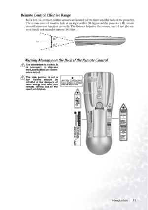 Page 17
Introduction 11
Remote Control Effective Range
Infra Red (IR) remote control sensors are located on the front and the back of the projector. 
The remote control must be held at an angle within 30 degrees of the projector’s IR remote 
control sensors to function correctly. The distance between the remote control and the sen-
sors should not exceed 6 meters (19.5 feet).
Warning Messages on the Back of the Remote Control 
The laser beam is visible. It
is necessary to depress
the Laser button for contin-...