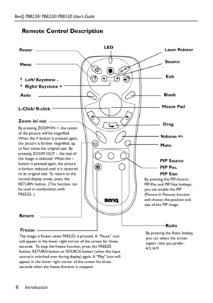 Page 12Introduction 8 BenQ PB8230/ PB8220/ PB8120 User’s Guide
Remote Control Description 
 
Pow e r
Menu
3 Left/ Keystone -
4 Right/ Keystone +
Auto
L-Click/ R-click
Zoom in/ out
ReturnPIP Source
PIP Pos.
PIP Size
By pressing the PIP-Source, 
PIP-Pos and PIP-Size hotkeys, 
you can enable the PIP 
(Picture In Picture) function 
and choose the position and 
size of the PIP image.
Freeze
The image is frozen when FREEZE is pressed. A “Pause” icon 
will appear in the lower right corner of the screen for three...