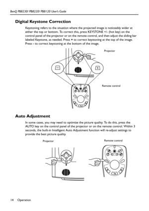 Page 18Operation 14 BenQ PB8230/ PB8220/ PB8120 User’s Guide
Digital Keystone Correction
Keystoning refers to the situation where the projected image is noticeably wider at 
either the top or bottom. To correct this, press KEYSTONE +/- (hot key) on the 
control panel of the projector or on the remote control, and then adjust the sliding bar 
labeled Keystone, as needed. Press + to correct keystoning at the top of the image. 
Press - to correct keystoning at the bottom of the image.
Auto Adjustment
In some...