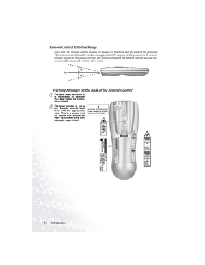 Page 16Introduction 10
Remote Control Effective Range
Infra Red (IR) remote control sensors are located on the front and the back of the projector. 
The remote control must be held at an angle within 30 degrees of the projector’s IR remote 
control sensors to function correctly. The distance between the remote control and the sen-
sors should not exceed 6 meters (19.5 feet).
Warning Messages on the Back of the Remote Control 
The laser beam is visible. It
is necessary to depress
the Laser button for contin-...