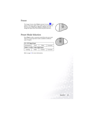 Page 29Operation 23
Freeze
The image is frozen when Freeze is pressed. An icon   will 
appear in the lower right corner of the screen. To release the 
function, press Freeze again, Return or Source (this will 
change the input source and release the pause function).
Preset Mode Selection
Press Preset to select a operation mode that suits your need. 
There are several operation modes available for different 
types of signals.
Refer to page 32 for more information.
PC / DVI Signal Input
Presentation Vivid Video...