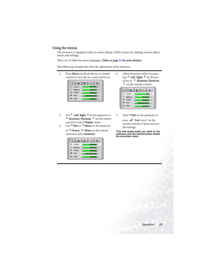 Page 31Operation 25
Using the menus
The projector is equipped with on-screen display (OSD) menus for making various adjust-
ments and settings.
There are 10 different menu languages. (Refer to page 31 for more details.)
The following example describes the adjustment of the keystone.  
1. Press Menu on the projector or remote 
control to turn the on-screen menu on.4. Adjust keystone values by press-
ing 3 Left/ Right 4on the pro-
jector or  3 Ke ystone/ Ke ystone 
4 on the remote control.
2. Use 3 Left/ Right...