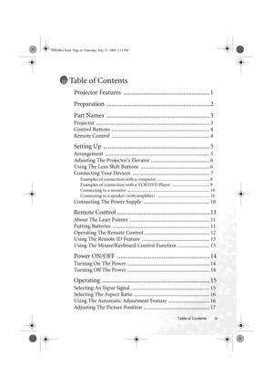 Page 3Table of Contents iii
Table of Contents
Projector Features  ........................................................ 1
Preparation ................................................................... 2
Part Names  ................................................................... 3
Projector ...................................................................................... 3
Control Buttons  .......................................................................... 4
Remote Control...