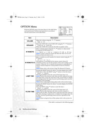 Page 38Multifunctional Settings 32
OPTION Menu
With the OPTION menu, the items shown in the table below 
can be performed. Perform each operation in accordance 
with the instructions in the table below.
(This table is continued to the following page.)
Item Description
VOLUME
Adjust the volume using the  5 / 6 buttons. :High  Low
SPEAKERSelect the TURN ON or the TURN OFF using the 5 / 6 buttons. :TURN ON   TURN OFFWhen the TURN ON is selected, the built-in speaker works.
IR REMOTE
Select a remote sensor using...