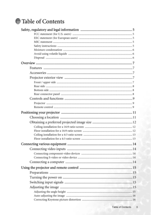 Page 3  3   Table of Contents
Ta b l e  o f  C o n t e n t s
Safety, regulatory and legal information ........................................................... 5
FCC statement (for U.S. users)  .................................................................................. 5
EEC statement (for European users)  ......................................................................... 5
MIC statement...