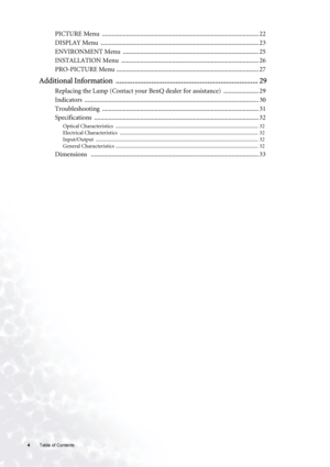 Page 44 Table of Contents  
PICTURE Menu  .................................................................................................. 22
DISPLAY Menu  ................................................................................................... 23
ENVIRONMENT Menu  ..................................................................................... 25
INSTALLATION Menu  ...................................................................................... 26
PRO-PICTURE Menu...