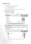 Page 1414 Connecting  
Connecting
When connecting any signal source to the projector, be sure to:
1. Turn off all equipment before making any connections.
2. Use the correct signal cables for each source.
3. Ensure the cables are firmly inserted. 
4. Connect all audio signals to external speakers. This projector is not equipped with speakers.
Connecting Video Inputs
Connecting to DVD players
If the selected video images is not displayed after the projector is turned on and the correct video source has been...