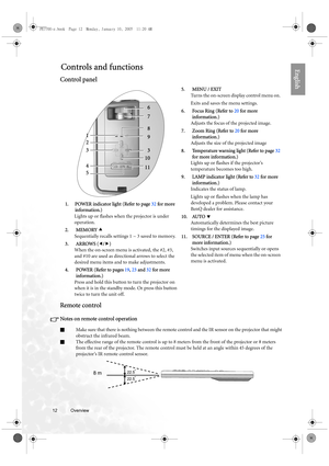 Page 1212 Overview  
EnglishControls and functions
Control panel
Remote control
Notes on remote control operation
QMake sure that there is nothing between the remote control and the IR sensor on the projector that might 
obstruct the infrared beam.
QThe effective range of the remote control is up to 8 meters from the front of the projector or 8 meters 
from the rear of the projector. The remote control must be held at an angle within 45 degrees of the 
projector’s IR remote control sensor.5. MENU / EXIT
Turns...