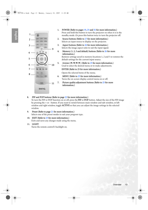 Page 13  13
  Overview
English1. POWER (Refer to pages 19, 23 and 32 for more information.)
Press and hold this button to turn the projector on when it is in the 
standby mode. Or press this button twice to turn the projector off.
2. Source buttons (Refer to 27 for more information.)
Selects an input source to display on the projector. 
3. Aspect buttons (Refer to 26 for more information.)
Selects the image aspect ratio to suit the input signal.
4. Memory (1, 2, 3 and default) buttons (Refer to 26 for more...