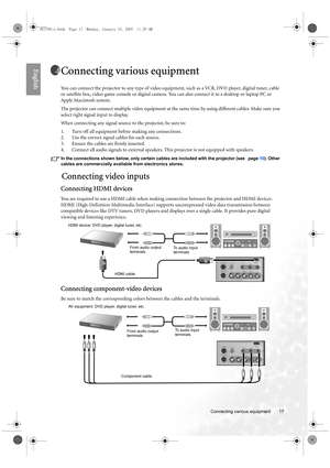 Page 17  17
  Connecting various equipment
EnglishConnecting various equipment
You can connect the projector to any type of video equipment, such as a VCR, DVD player, digital tuner, cable 
or satellite box, video game console or digital camera. You can also connect it to a desktop or laptop PC or 
Apple Macintosh system. 
The projector can connect multiple video equipment at the same time by using different cables. Make sure you 
select right signal input to display.
When connecting any signal source to the...