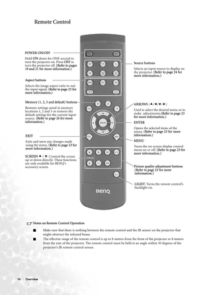 Page 1414 Overview  
 Remote Control
Notes on Remote Control Operation
QMake sure that there is nothing between the remote control and the IR sensor on the projector that 
might obstruct the infrared beam.
QThe effective range of the remote control is up to 8 meters from the front of the projector or 8 meters 
from the rear of the projector. The remote control must be held at an angle within 30 degrees of the 
projector’s IR remote control sensor.
EXIT
Exits and saves any changes made 
using the menu. (Refer to...