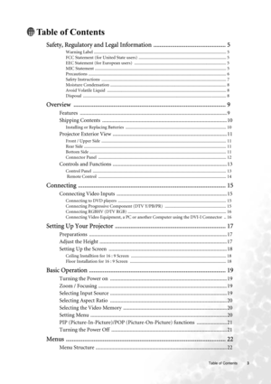 Page 3  3   Table of Contents
Table of Contents
Safety, Regulatory and Legal Information ............................................... 5
Warning Label ......................................................................................................................... 5
FCC Statement (for United State users) ................................................................................ 5
EEC Statement (for European users)...