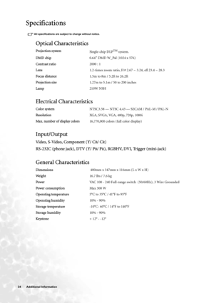 Page 3434  Additional Information  
Specifications
All specifications are subject to change without notice. 
Optical Characteristics
Projection system
Single-chip DLPTM system.
DMD chip0.64” DMD W_Pal (1024 x 576)
Contrast ratio2000 : 1
Lens1.2-times zoom ratio, F/# 2.67 ~ 3.24, efl 23.4 ~ 28.3
Focus distance1.5m to 8m / 5.2ft to 26.2ft
Projection size1.27m to 5.1m / 50 to 200 inches
Lamp210W NSH
Electrical Characteristics
Color systemNTSC3.58 — NTSC 4.43 — SECAM / PAL-M / PAL-N
ResolutionXGA, SVGA, VGA, 480p,...