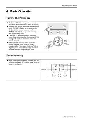 Page 154. Basic Operation BenQ PE8700 User’s Manual15
4. Basic Operation
Turning the Power on     
Zoom/Focusing    
■The Power LED shines orange when power is 
applied and the power switch is in the on position.
■Press and hold the ON key on the remote control 
or the STANDBY/ON key on the projector for 
ONE second to turn the projector on. The 
POWER LED will flash orange while warming up,  
then show a steady green. 
■ Searching…. will be displayed on the screen 
before the projector identifies the input...