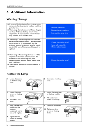 Page 246. Additional Information BenQ PE8700 User’s Manual24
6. Additional Information 
Warning Message   
Replace the Lamp 
■It is normal for illumination from the lamp to dim 
somewhat when the projector has been used for a 
period of time.
■The message Lamplife is expired ! Please change a 
new lamp. And reset the lamp timer. will be 
displayed for 30 seconds on the screen when the 
lamp has been in use for 1950 hours.
■The message  Please change the lamp, Lamp will 
exceed its lifetime after (hours):  will...