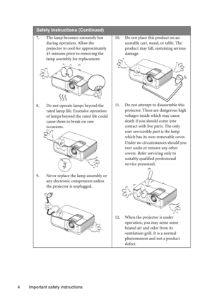 Page 4Important safety instructions 4
 
Safety Instructions (Continued)
7. The lamp becomes extremely hot 
during operation. Allow the 
projector to cool for approximately 
45 minutes prior to removing the 
lamp assembly for replacement. 
8. Do not operate lamps beyond the 
rated lamp life. Excessive operation 
of lamps beyond the rated life could 
cause them to break on rare 
occasions. 
9. Never replace the lamp assembly or 
any electronic components unless 
the projector is unplugged. 10. Do not place this...