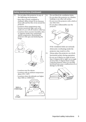 Page 5Important safety instructions 5
  
Safety Instructions (Continued)
13. Do not place this projector in any of 
the following environments.
- Space that is poorly ventilated or 
confined. Allow at least 50 cm clearance 
from walls and free flow of air around the 
projector. 
- Locations where temperatures may 
become excessively high, such as the 
inside of a car with all windows rolled up.
- Locations where excessive humidity, dust, 
or cigarette smoke may contaminate 
optical components, shortening the...