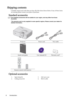 Page 8Introduction 8
Shipping contents
Carefully unpack and verify that you have all of the items shown below. If any of these items 
are missing, please contact your place of purchase.
Standard accessories
The supplied accessories will be suitable for your region, and may differ from those 
illustrated.
*The warranty card is only supplied in some specific regions. Please consult your dealer for 
detailed information.
Optional accessories
Projector Power cord VGA cable
Quick start guide User manual CD Warranty...