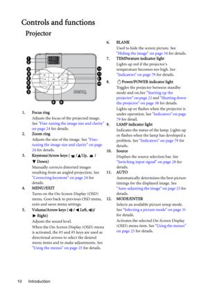Page 10Introduction 10
Controls and functions
Projector
6. BLANK
Used to hide the screen picture. See 
Hiding the image on page 34 for details.
7. TEMPerature indicator light
Lights up red if the projectors 
temperature becomes too high. See 
Indicators on page 79 for details.
8. Power/POWER indicator light
Toggles the projector between standby 
mode and on.See Starting up the 
projector on page 22 and Shutting down 
the projector on page 38 for details.
Lights up or flashes when the projector is 
under...